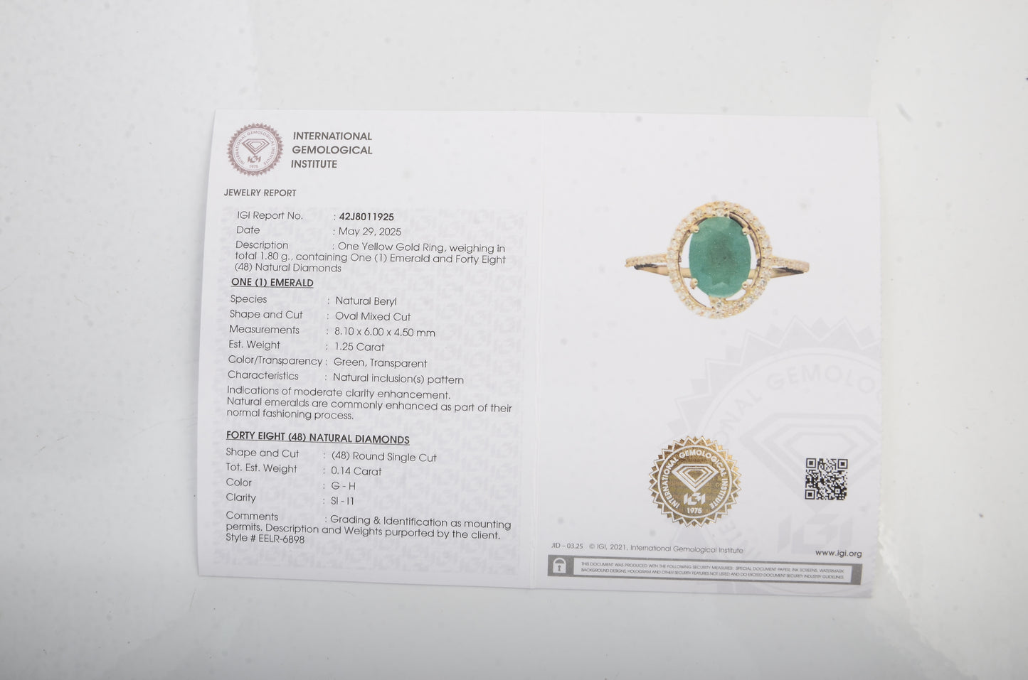 1.39 Ct Oval Mixed Cut Natural Beryl Emerald 14K Gold Ring