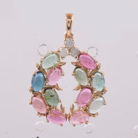 3.19 Ct Oval Cabochon Cut Natural Multi-Coloured Tourmaline 14K Gold Pendant