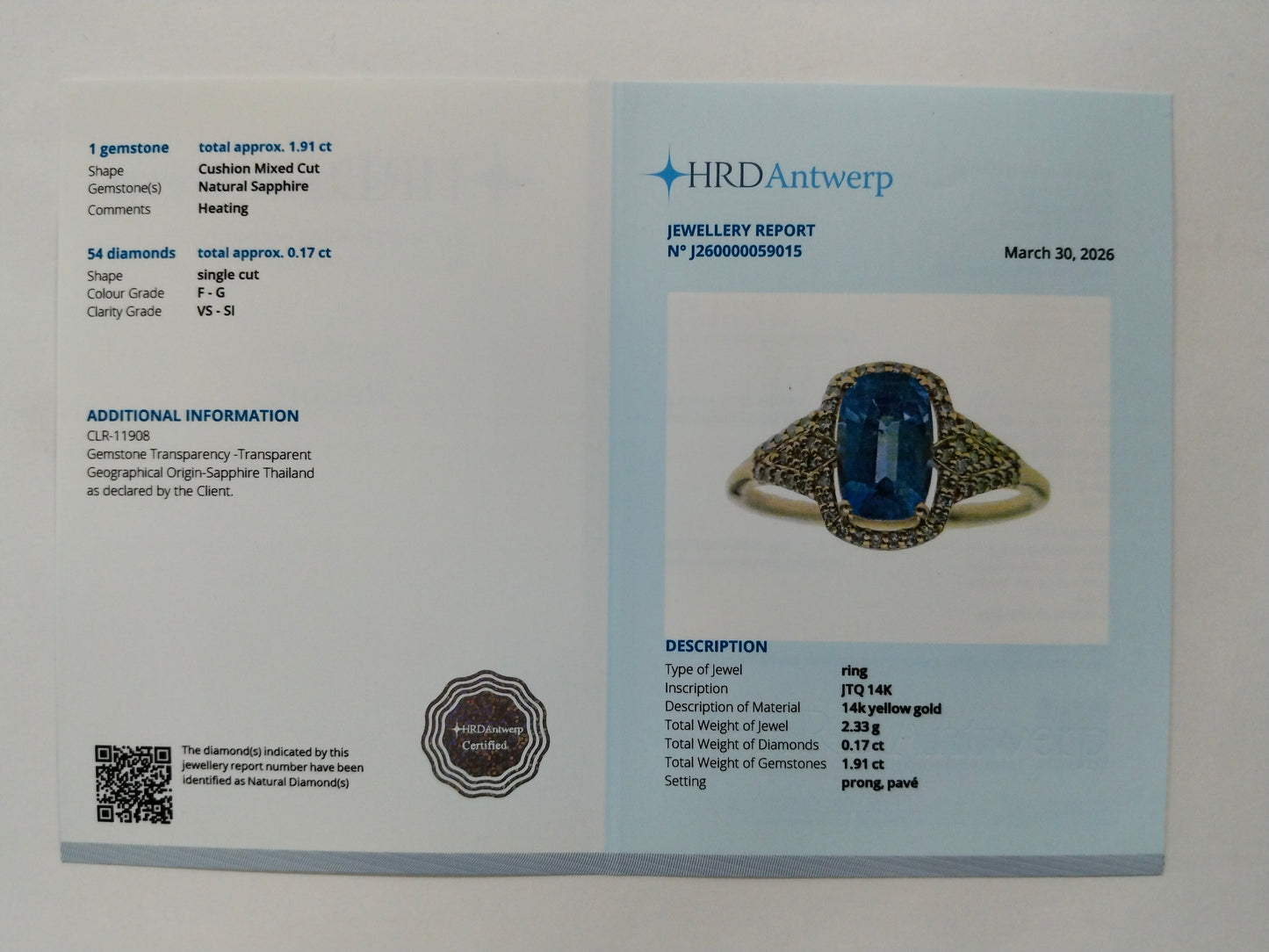 2.08 Ct Cushion Mixed Cut Natural Sapphire 14K Gold Ring