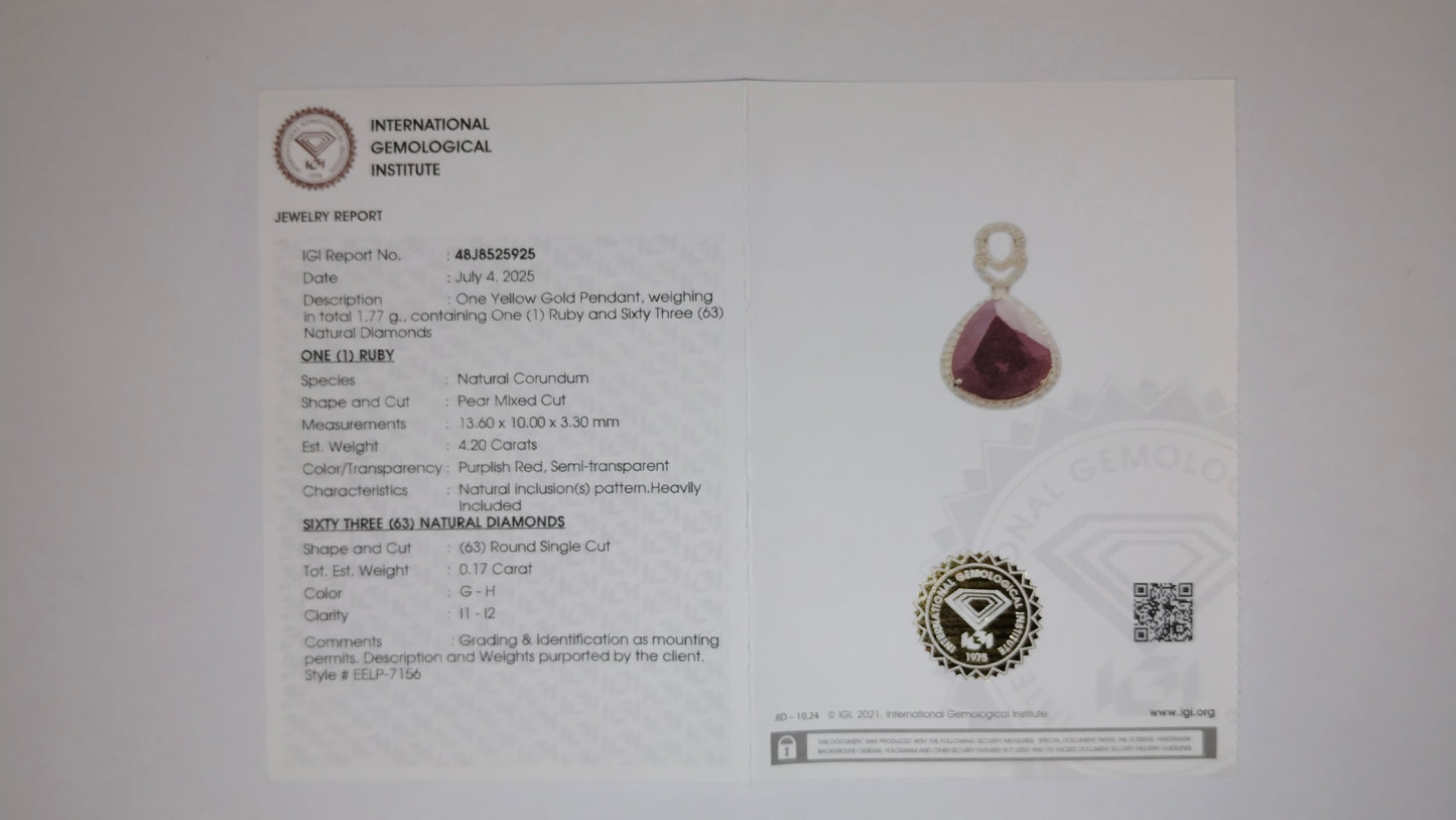 4.37 Ct Pear Mixed Cut Natural Corundum Ruby 14K Gold Pendant