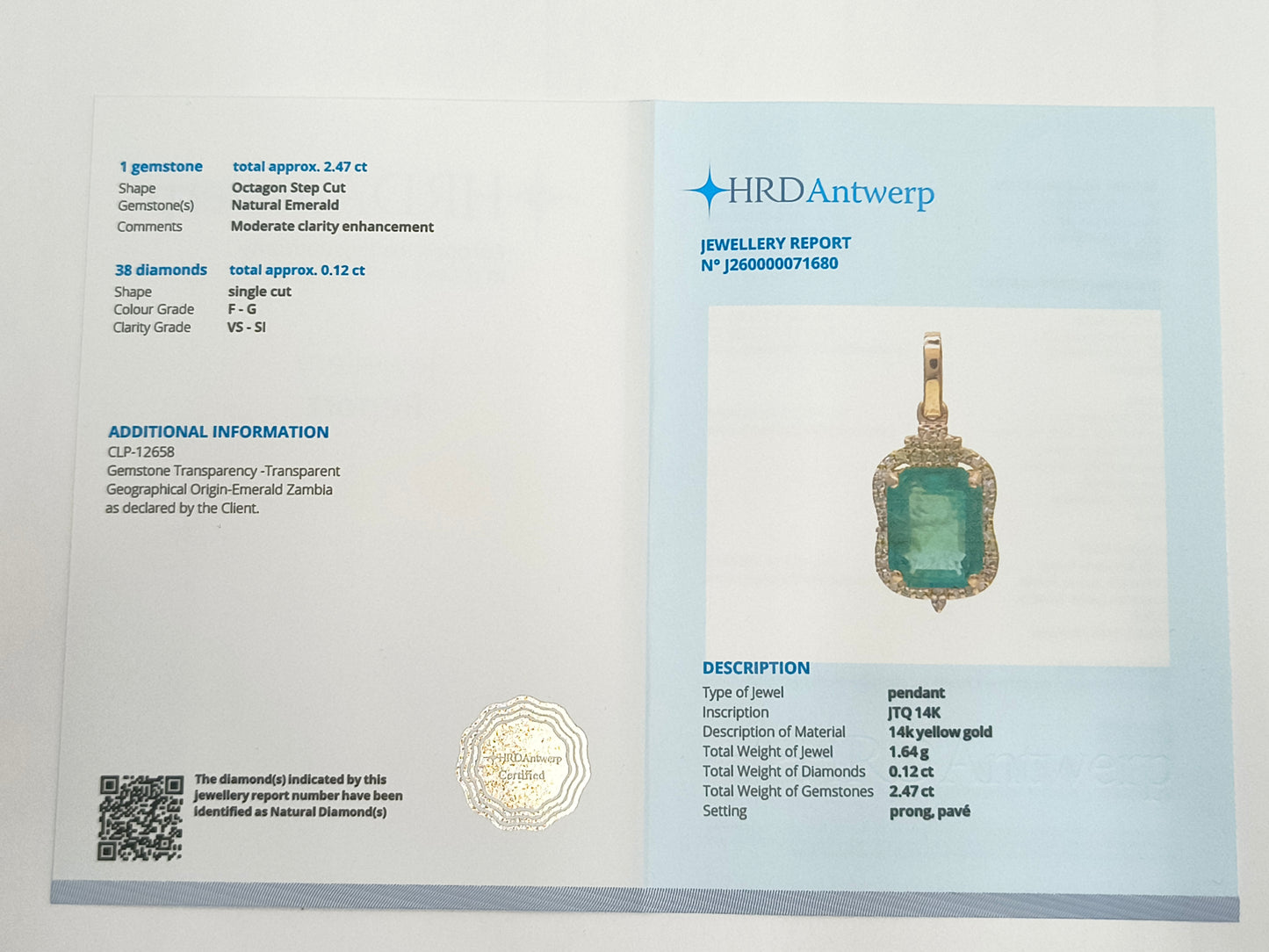 2.59 Ct Octagon Step Cut Natural Emerald 14K Gold Pendant