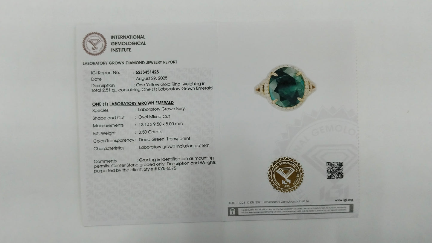 3.69 Ct Oval Mixed Cut Lab Grown Emerald 14K Gold Ring