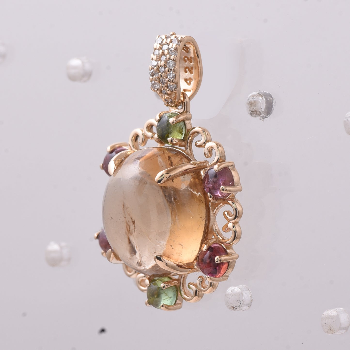 9.22 Ct Oval Cabochon Cut, Round Cabochon Cut Natural Multi-Coloured Tourmaline 14K Gold Pendant