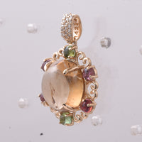 9.22 Ct Oval Cabochon Cut, Round Cabochon Cut Natural Multi-Coloured Tourmaline 14K Gold Pendant