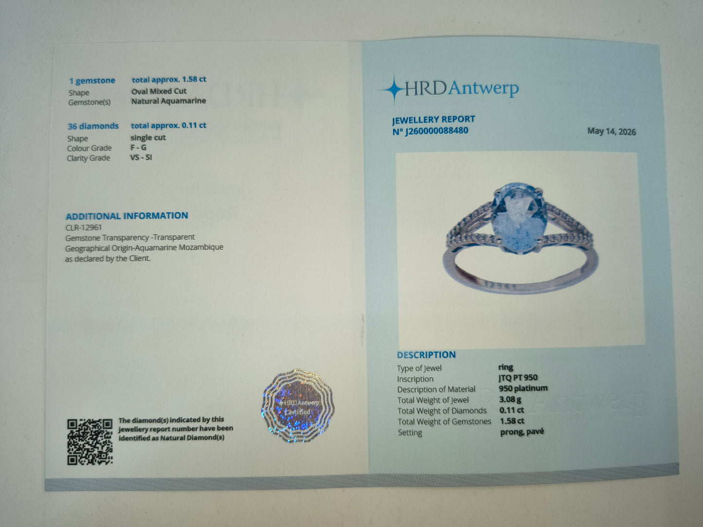 2.74 Ct Oval Mixed Cut Natural Aquamarine 950 Platinum Ring