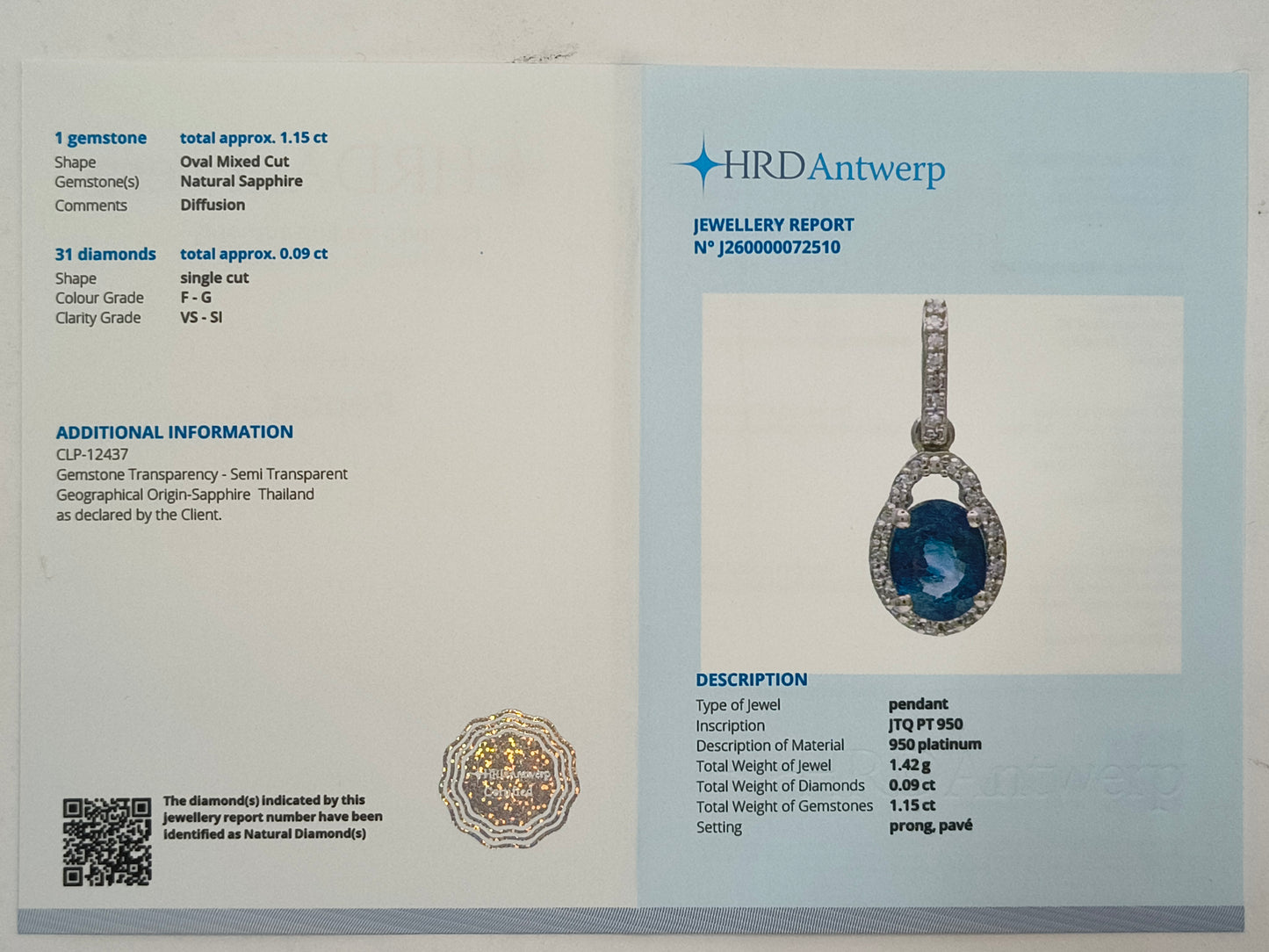 1.24 Ct Oval Mixed Cut Natural Sapphire 950 Platinum Pendant