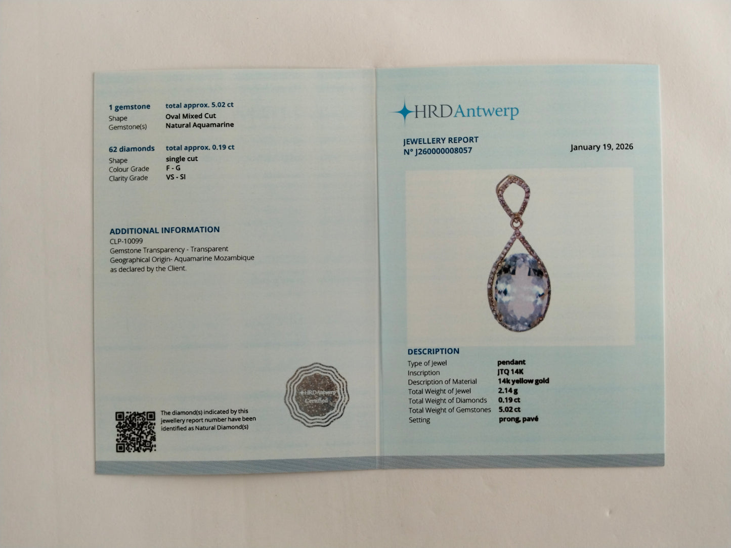 5.21 Ct Oval Mixed Cut Natural Aquamarine 14K Gold Pendant