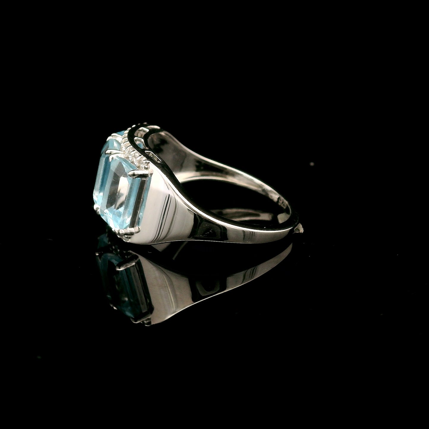 4.17 Ct Octagon Blue Topaz, White Zircon 925 Sterling Silver Ring