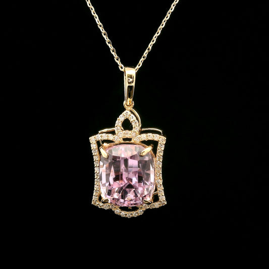 7.26 Ct Cushion Kunzite 14K Gold Pendant