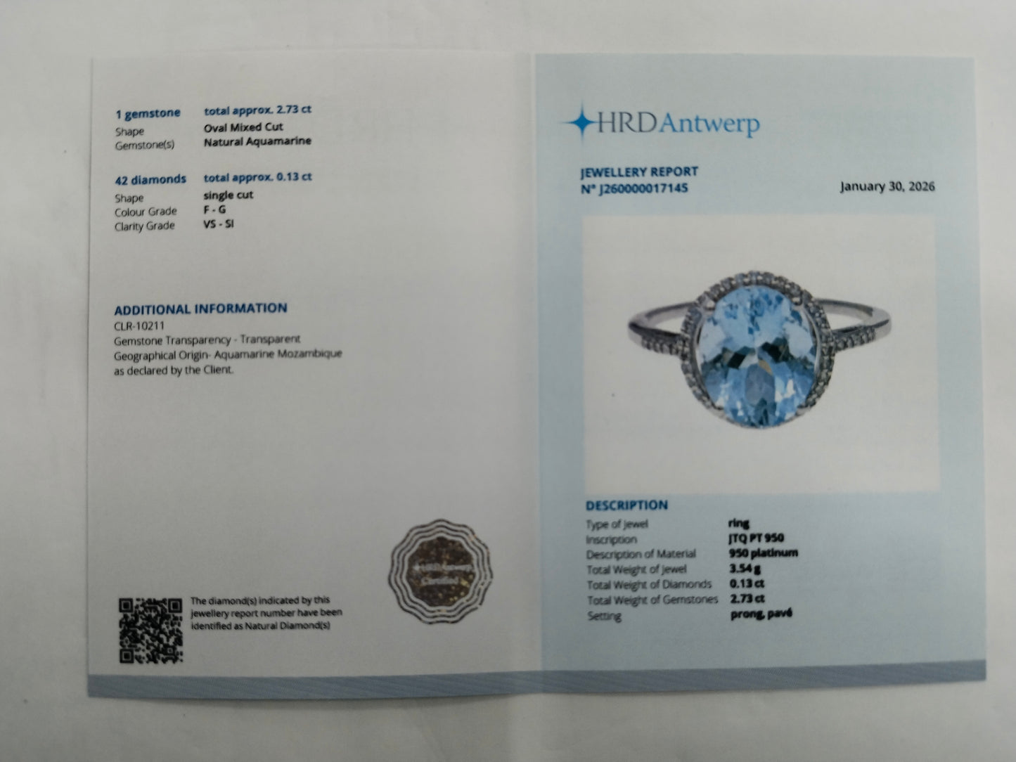 2.86 Ct Oval Mixed Cut Natural Aquamarine 950 Platinum Ring