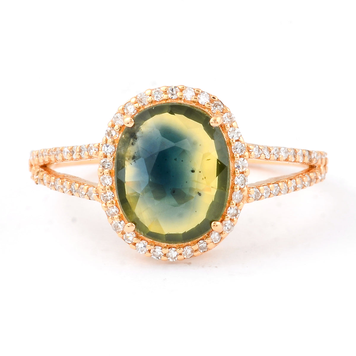 2.50 Ct Oval Mixed Cut Natural Bi Coloured Sapphire 14K Gold Ring
