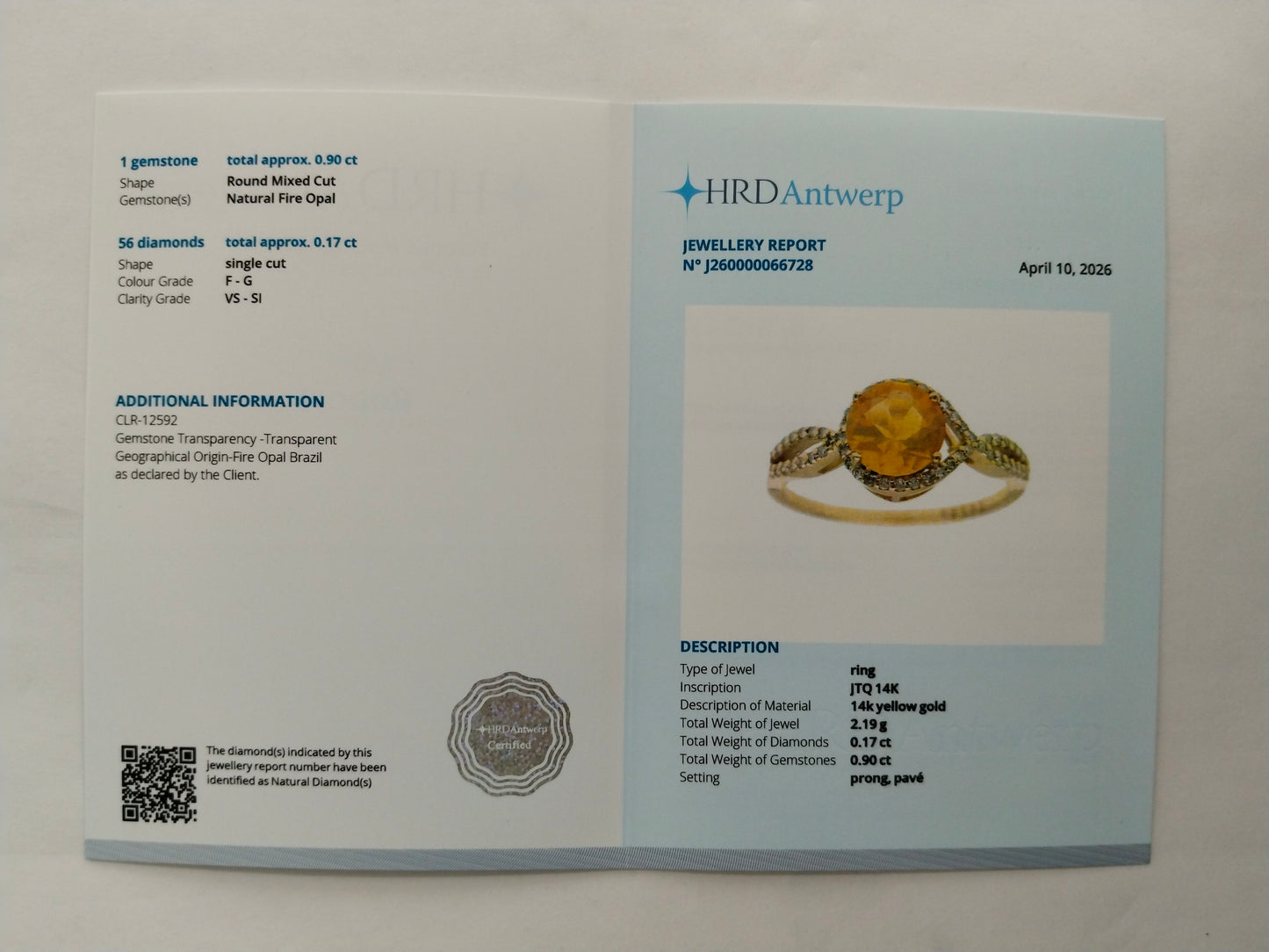 1.07 Ct Round Mixed Cut Natural Fire Opal 14K Gold Ring