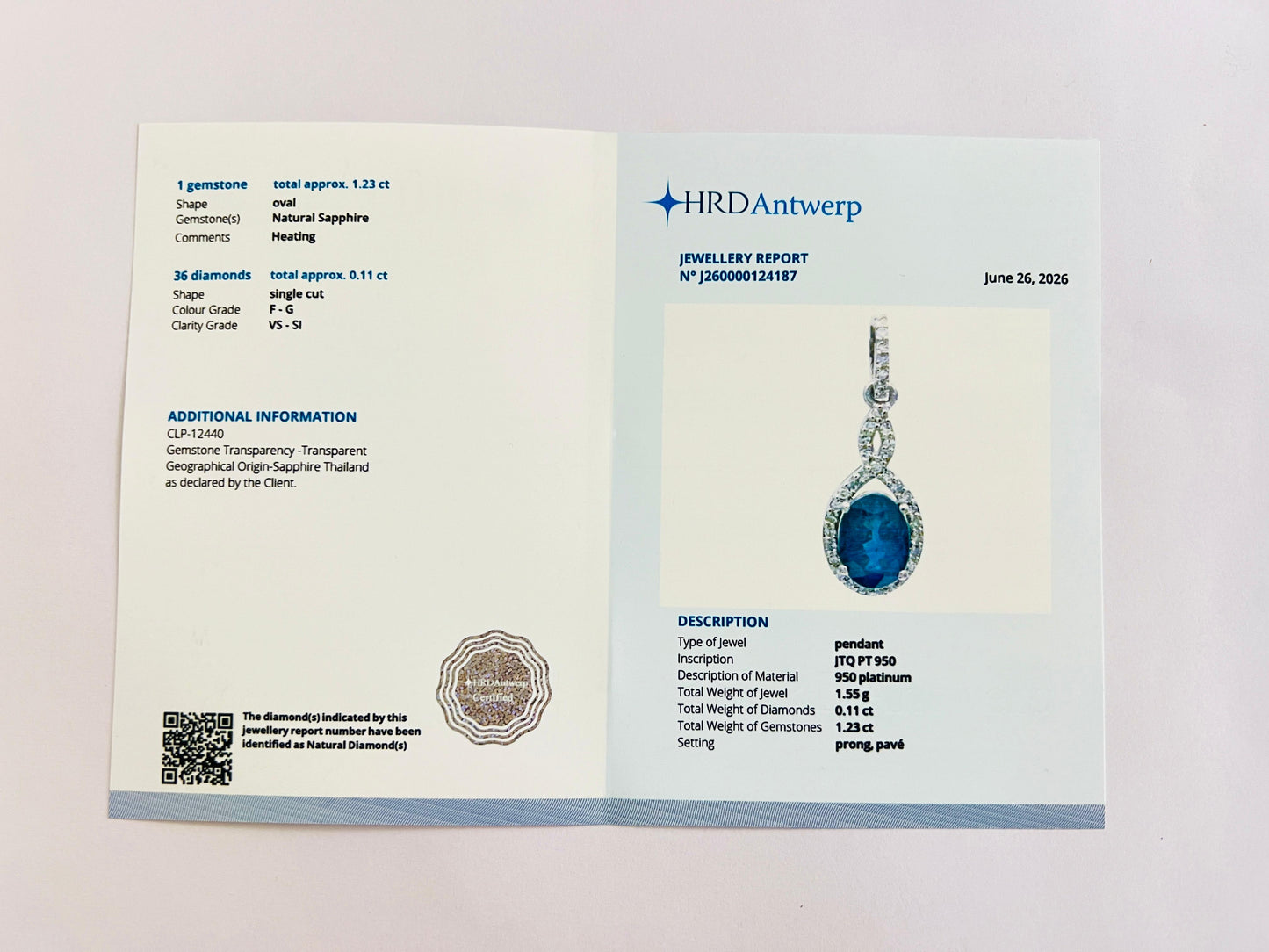1.41 Ct Oval Natural Sapphire 950 Platinum Pendant