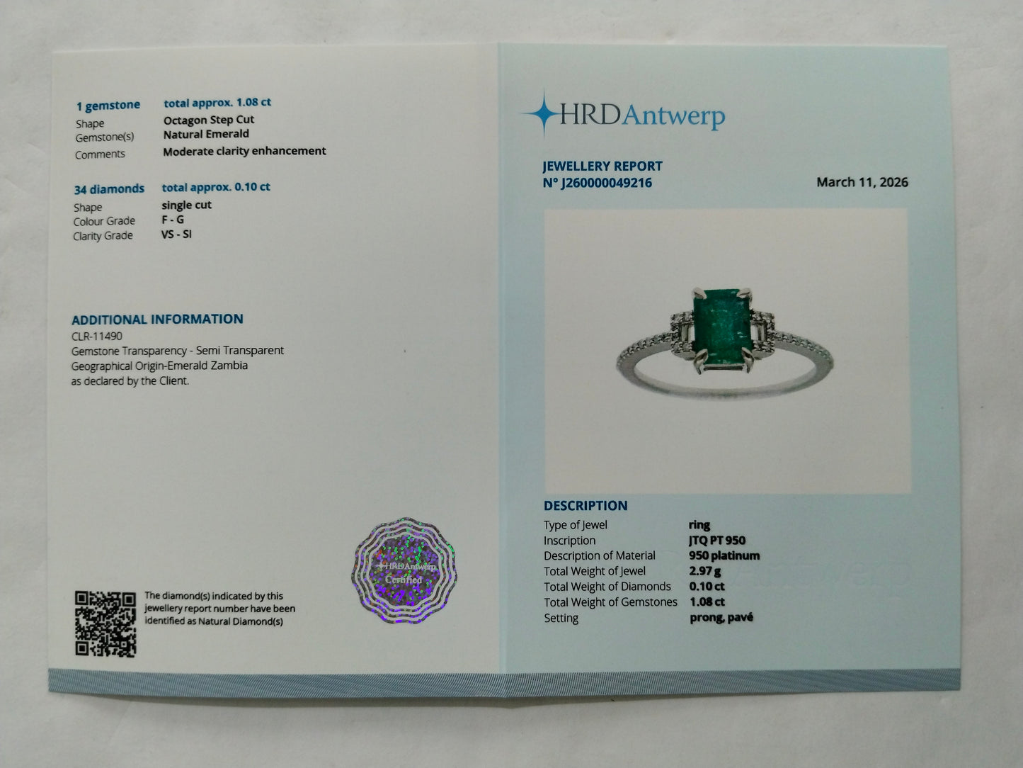 1.18 Ct Octagon Step Cut Natural Emerald 950 Platinum Ring