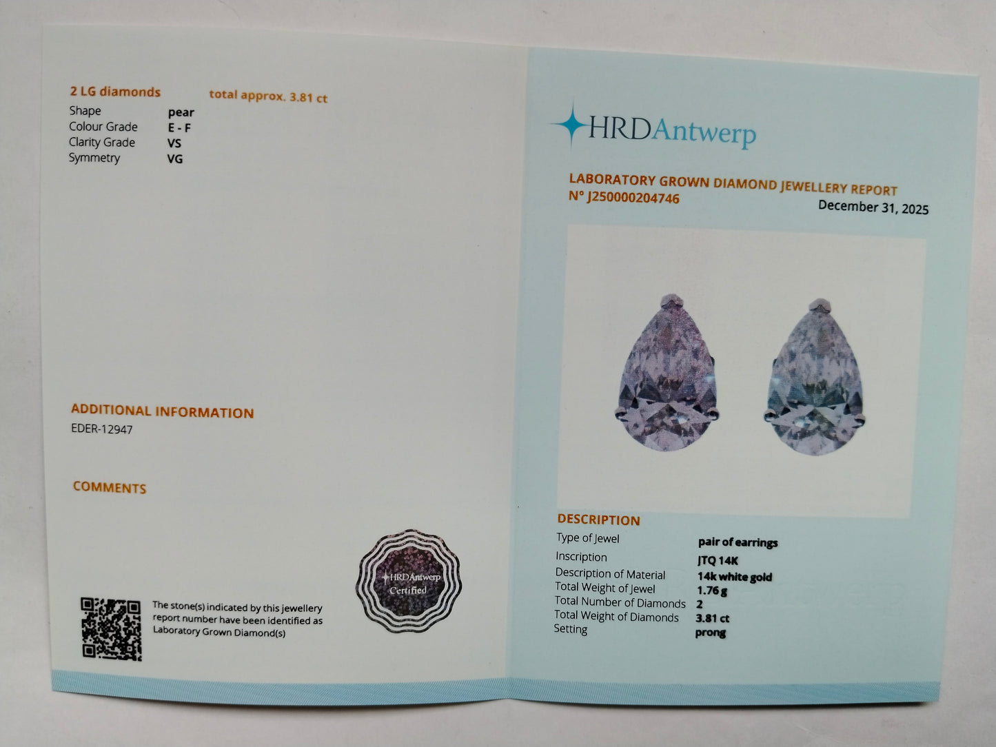 3.81 Carats Lab Grown Diamond 14K Gold Earrings
