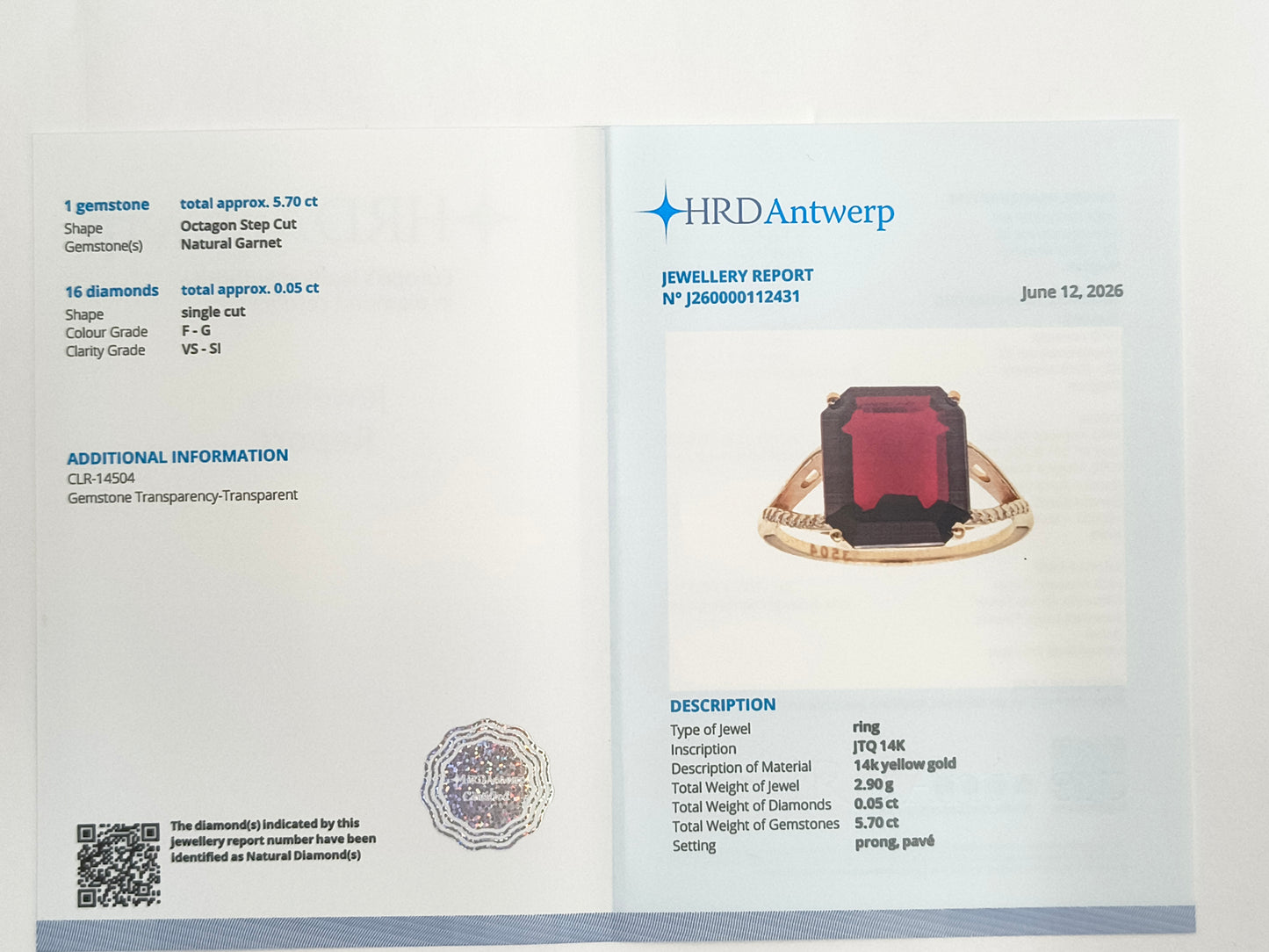 5.75 Ct Octagon Step Cut Natural Garnet 14K Gold Ring