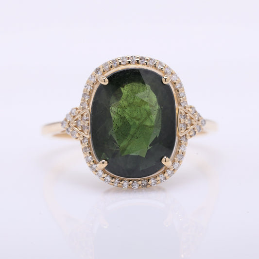 5.71 Ct Oval Mixed Cut Natural Green Sapphire 14K Gold Ring