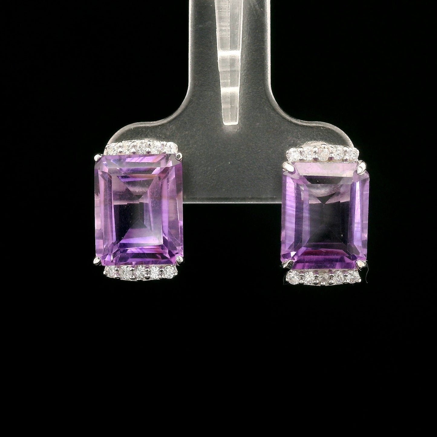 6.91 Ct Octagon Amethyst, White Zircon 925 Sterling Silver Earrings