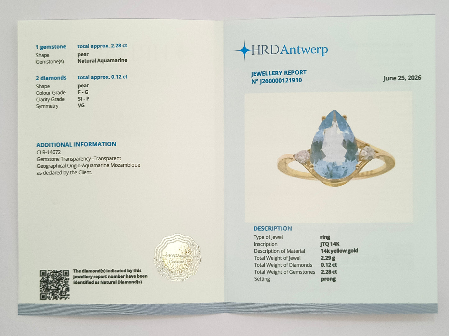 2.40 Ct Pear Natural Aquamarine 14K Gold Ring