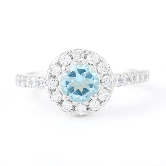 2.54 Ct Round Swiss Blue Topaz, Cubic Zirconia, 925 Sterling Silver Ring