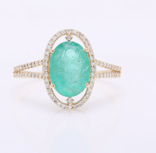 2.46 Ct Oval Mixed Cut Natural Emerald 14K Gold Ring
