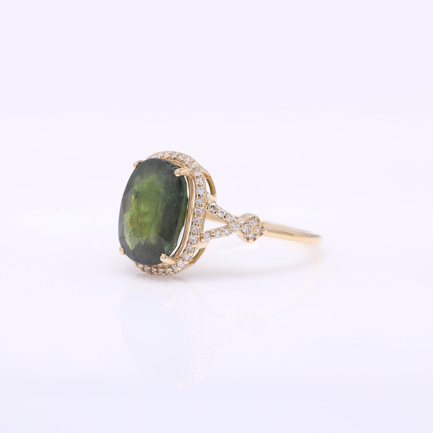 5.43 Ct Cushion Mixed Cut Natural Green Sapphire 14K Gold Ring