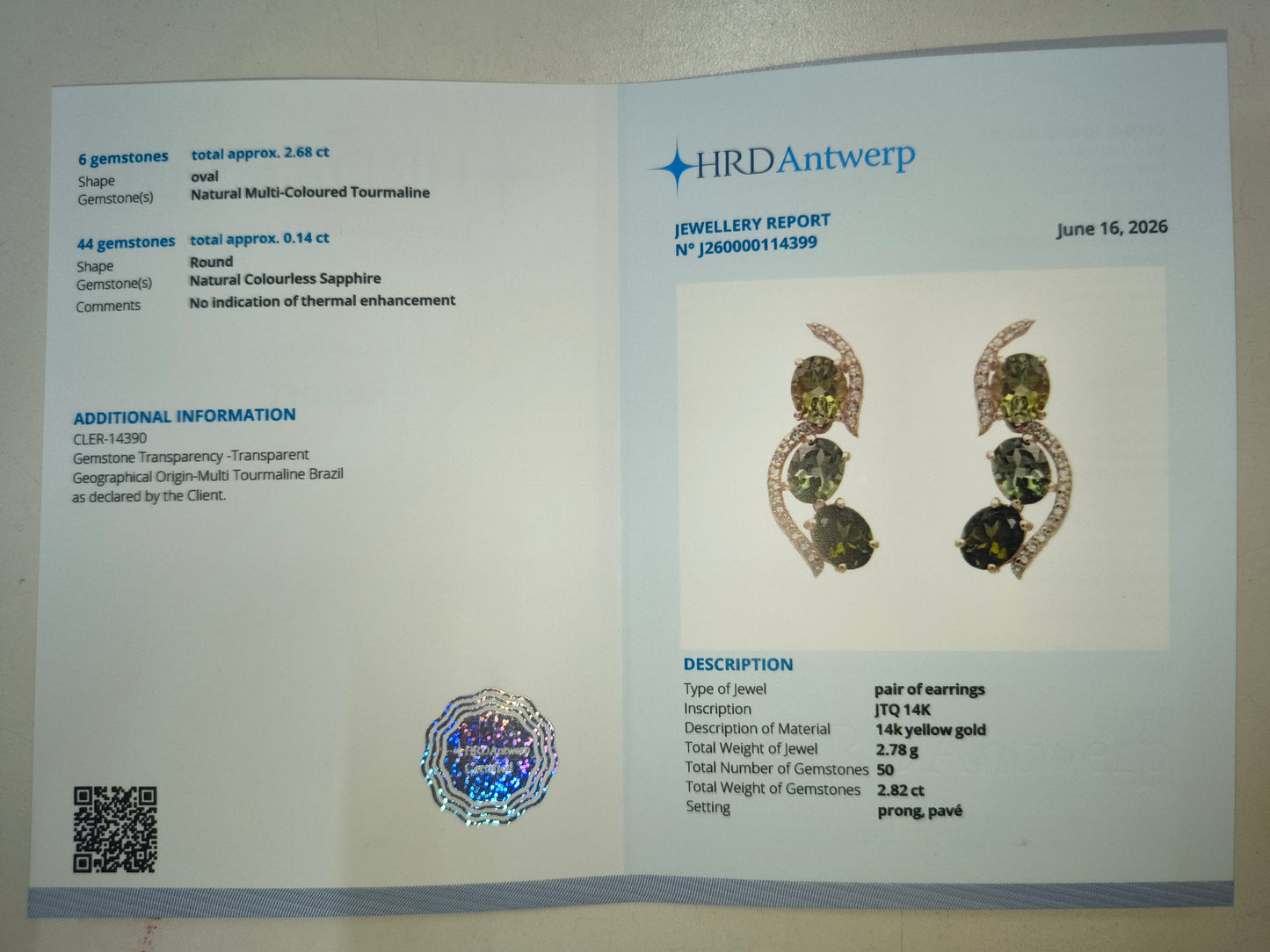 2.82 Ct Oval Natural Multi-Coloured Tourmaline 14K Gold Earrings