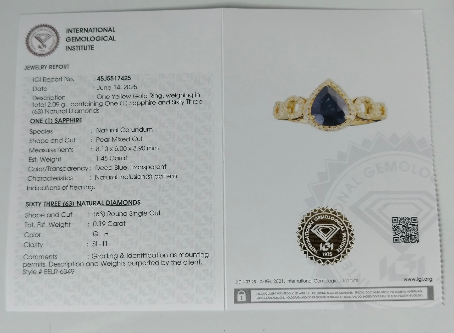 1.67 Ct Pear Mixed Cut Natural Corundum Sapphire 14K Gold Ring