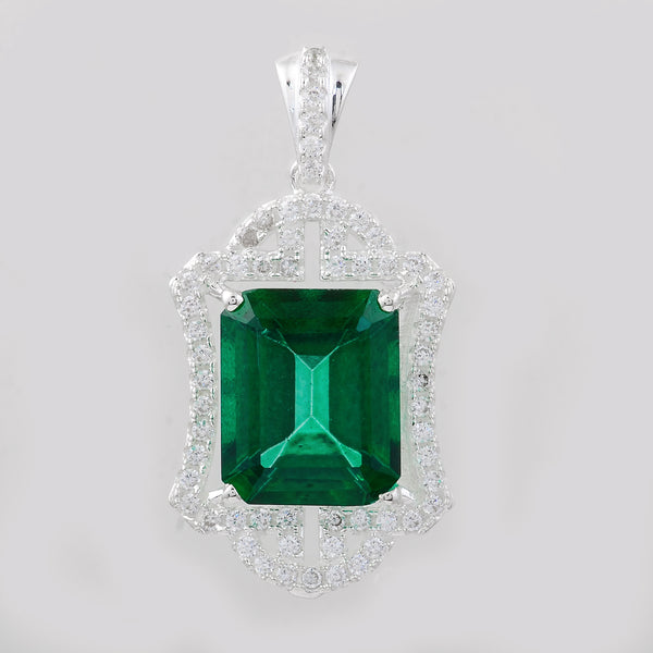7.46 Ct Octagon Green Topaz, Cubic Zirconia, 925 Sterling Silver Pendant