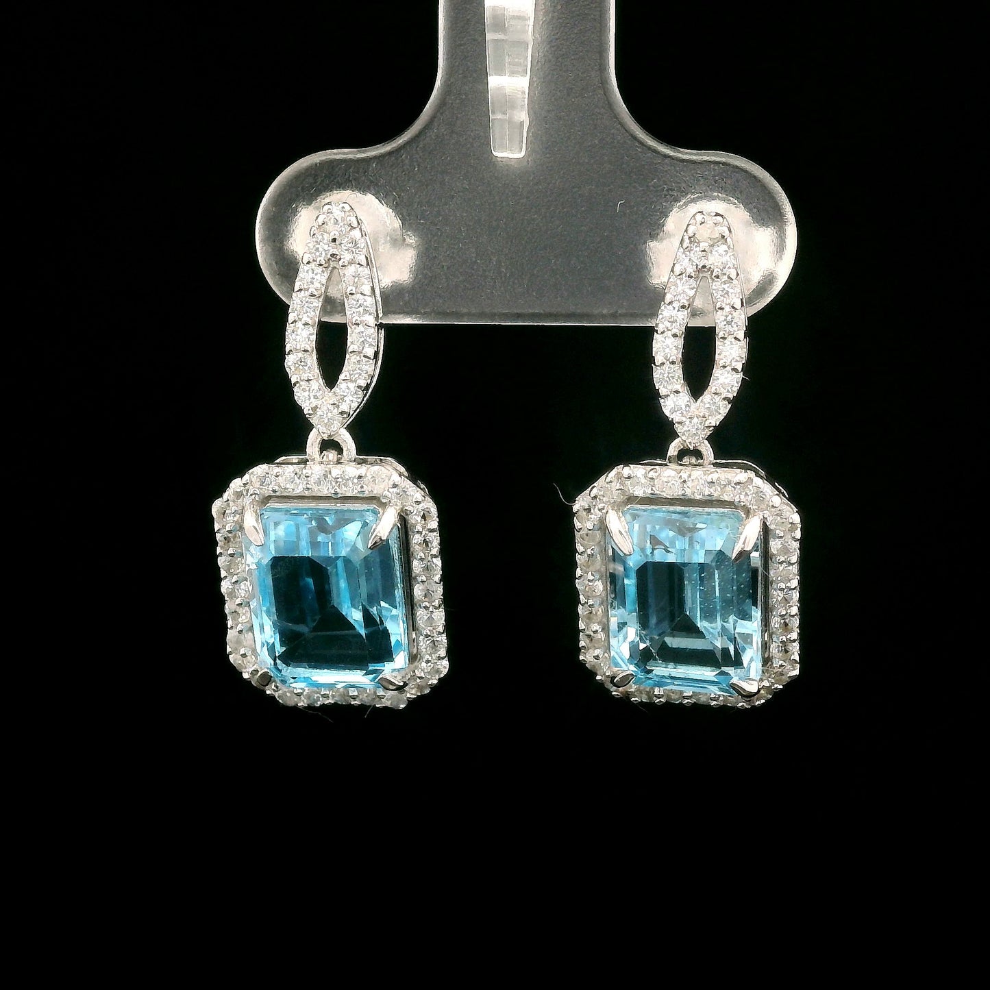 6.68 Ct Octagon Blue Topaz, White Zircon 925 Sterling Silver Earrings