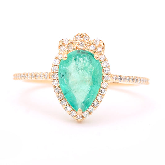 1.48 Ct Pear Mixed Cut Natural Emerald 14K Gold Ring