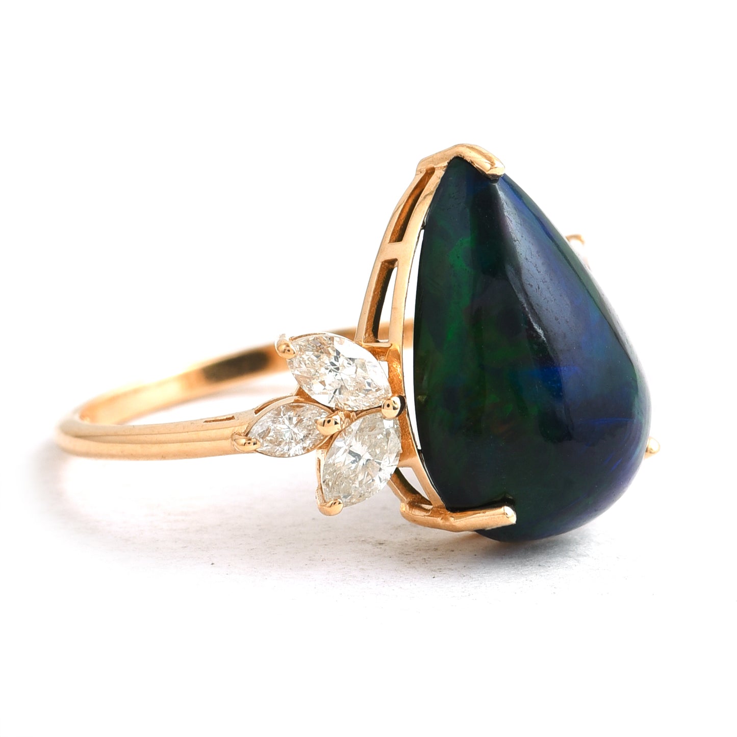 1.86 Ct Pear Cabochon Cut Natural Black Opal 14K Gold Ring