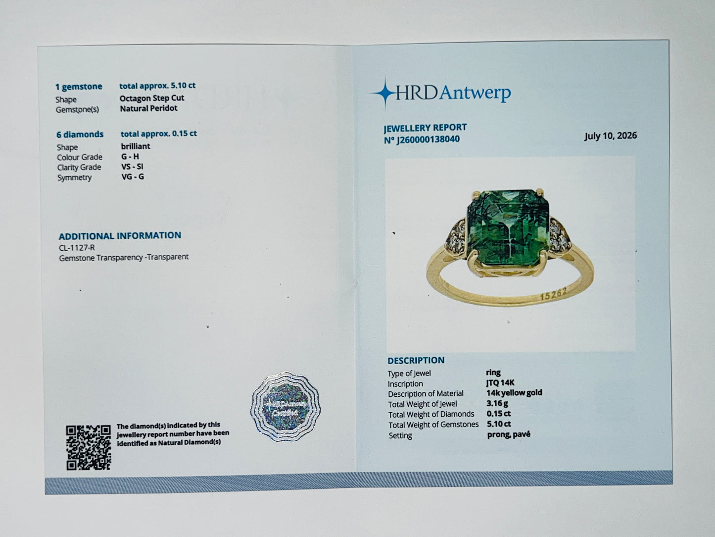 5.25 Ct Octagon Natural Peridot 14K Gold Ring