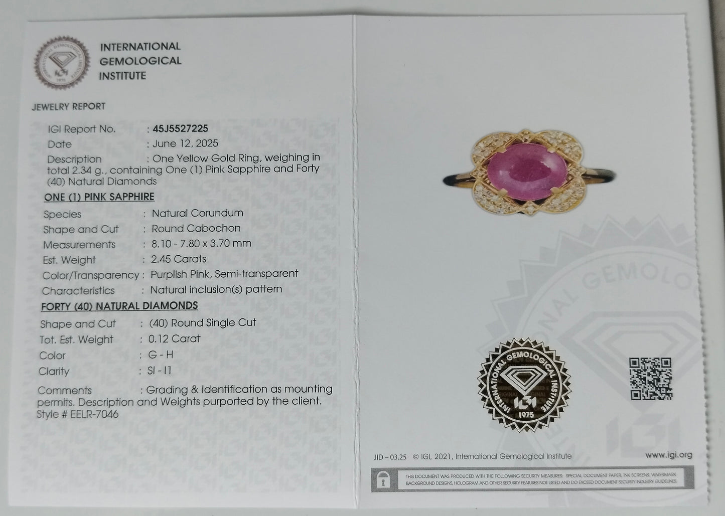 2.57 Ct Oval Cabochon Natural Corundum Pink Sapphire 14K Gold Ring