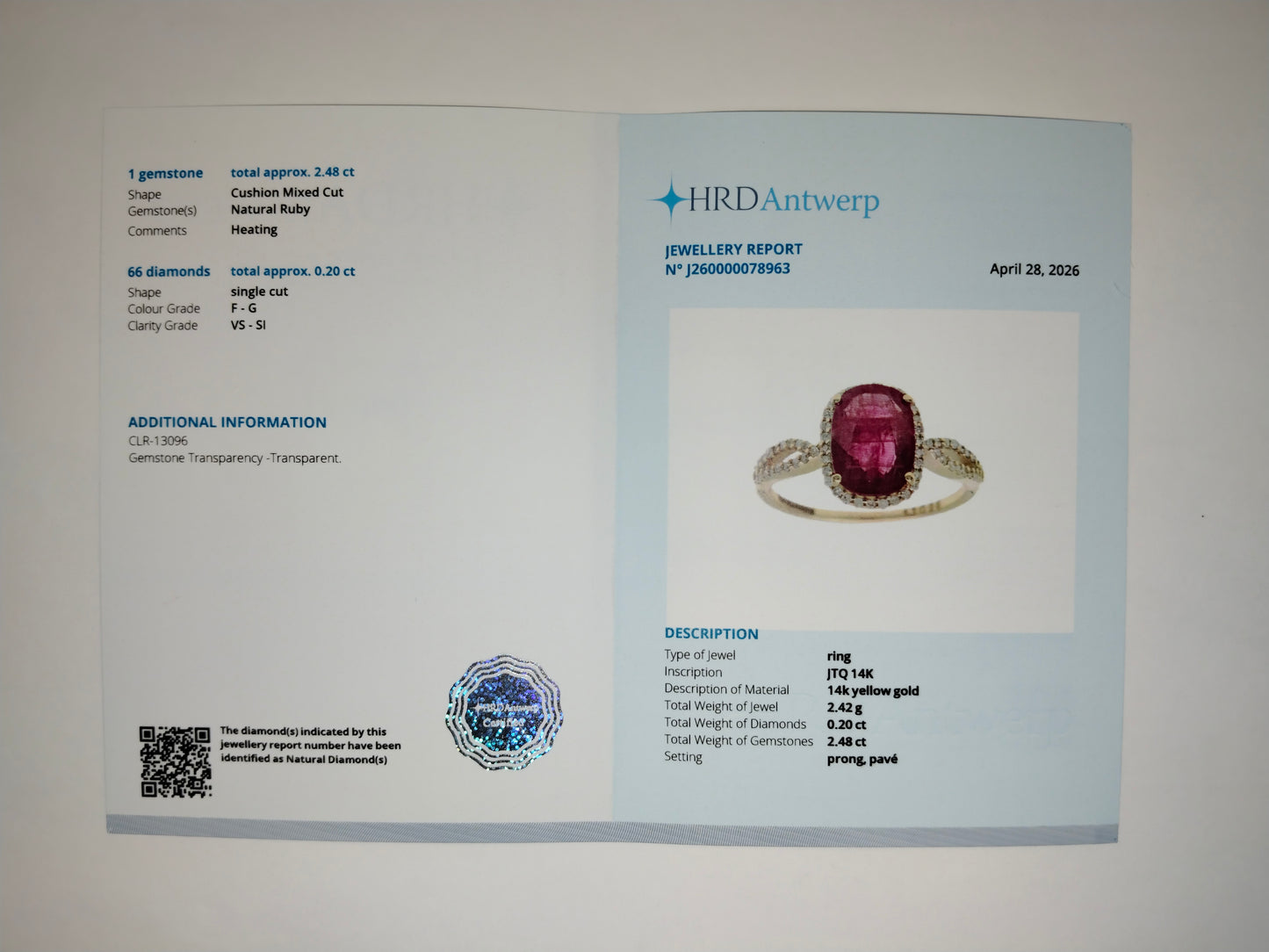 2.68 Ct Cushion Mixed Cut Natural Ruby 14K Gold Ring