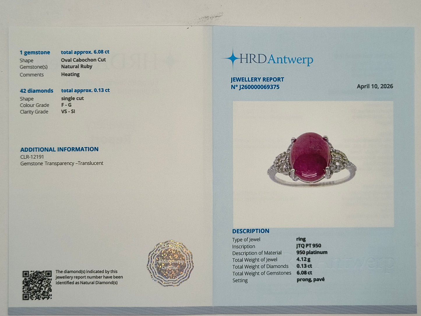 6.21 Ct Oval Cabochon Cut Natural Ruby 950 Platinum Ring