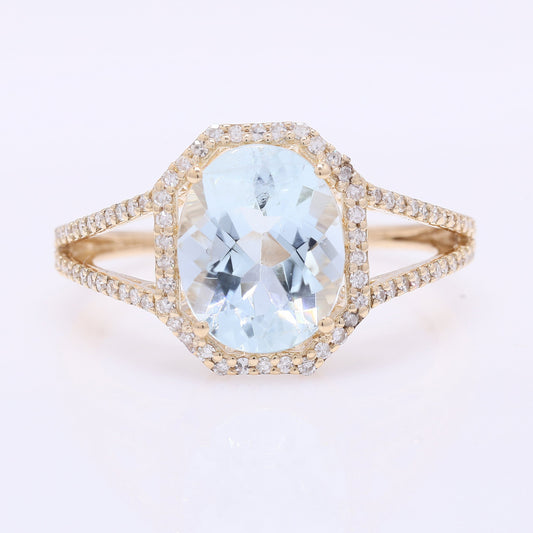 2.53 Ct Oval Mixed Cut Natural Aquamarine 14K Gold Ring