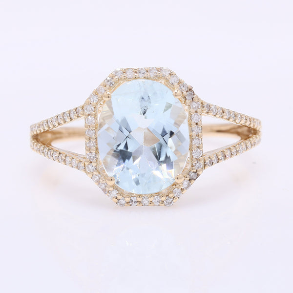 2.53 Ct Oval Mixed Cut Natural Aquamarine 14K Gold Ring