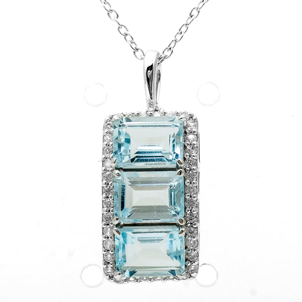 4.62 Ct Octagon Blue Topaz, White Zircon 925 Sterling Silver Pendant