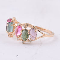 1.76 Ct Oval Cabochon Cut Natural Multi Coloured Tourmaline 14K Gold Ring