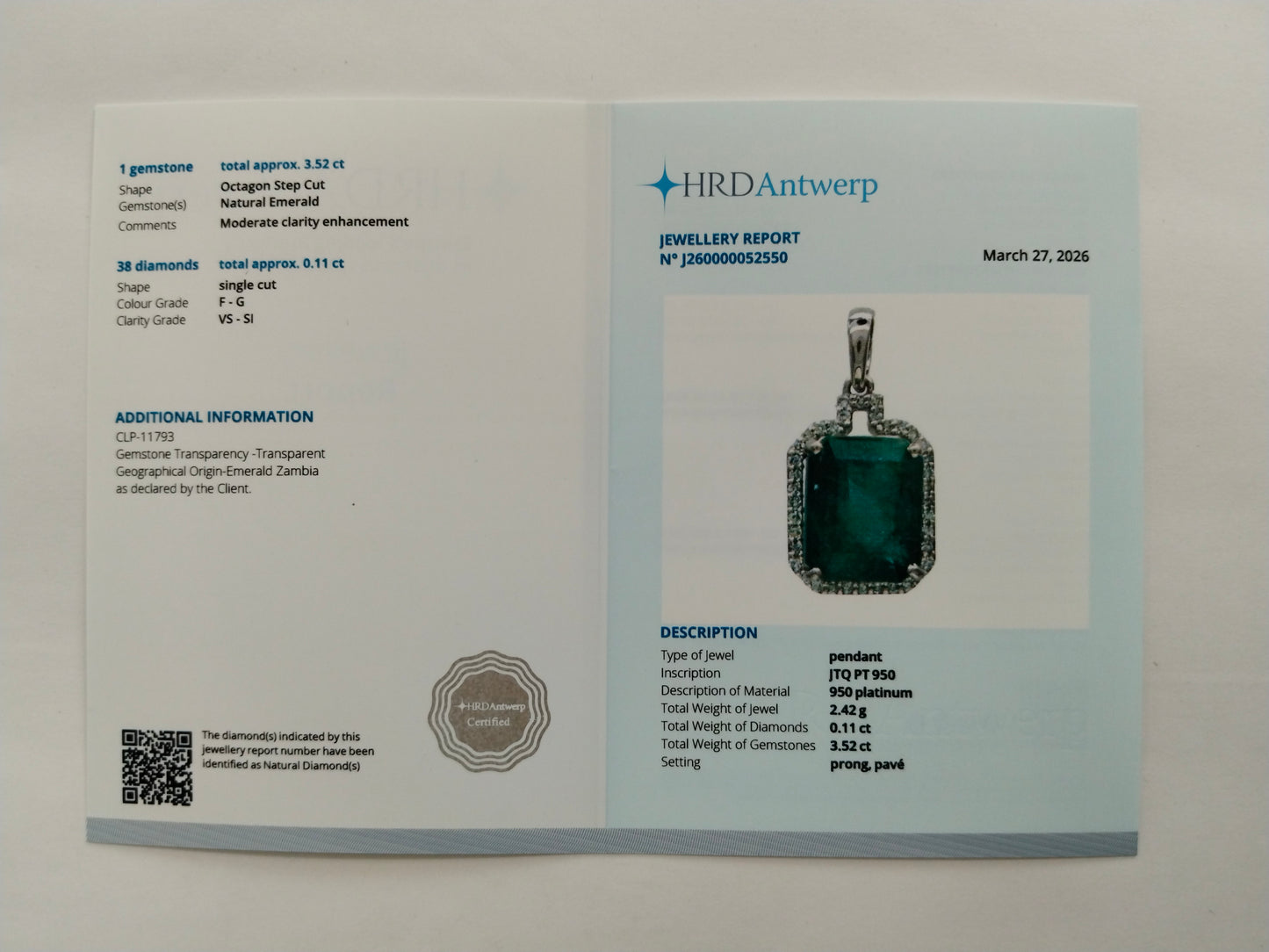 3.63 Ct Octagon Step Cut Natural Emerald 950 Platinum Pendant