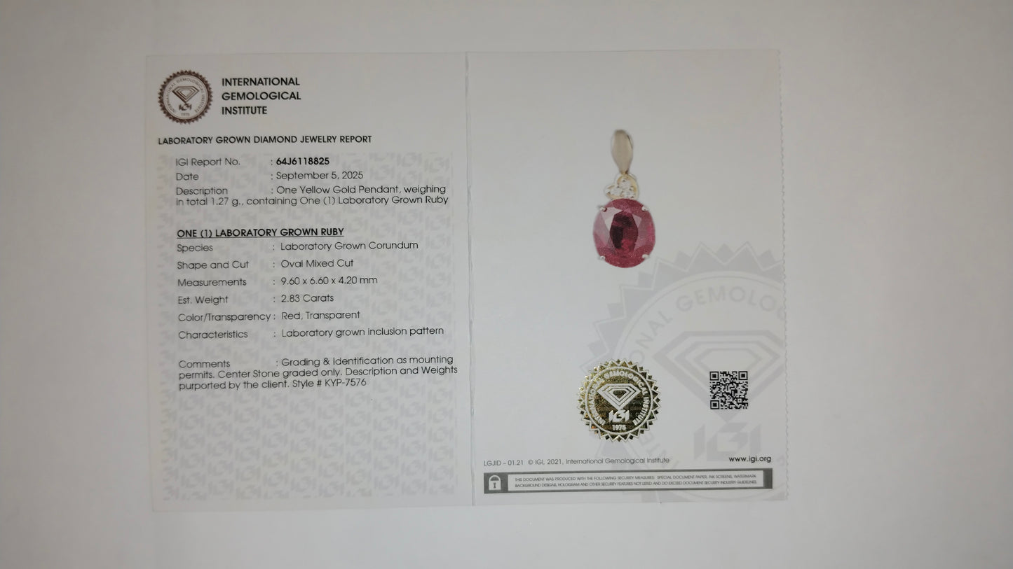 2.86 Ct Oval Mixed Cut Lab Grown Ruby 14K Gold Pendant