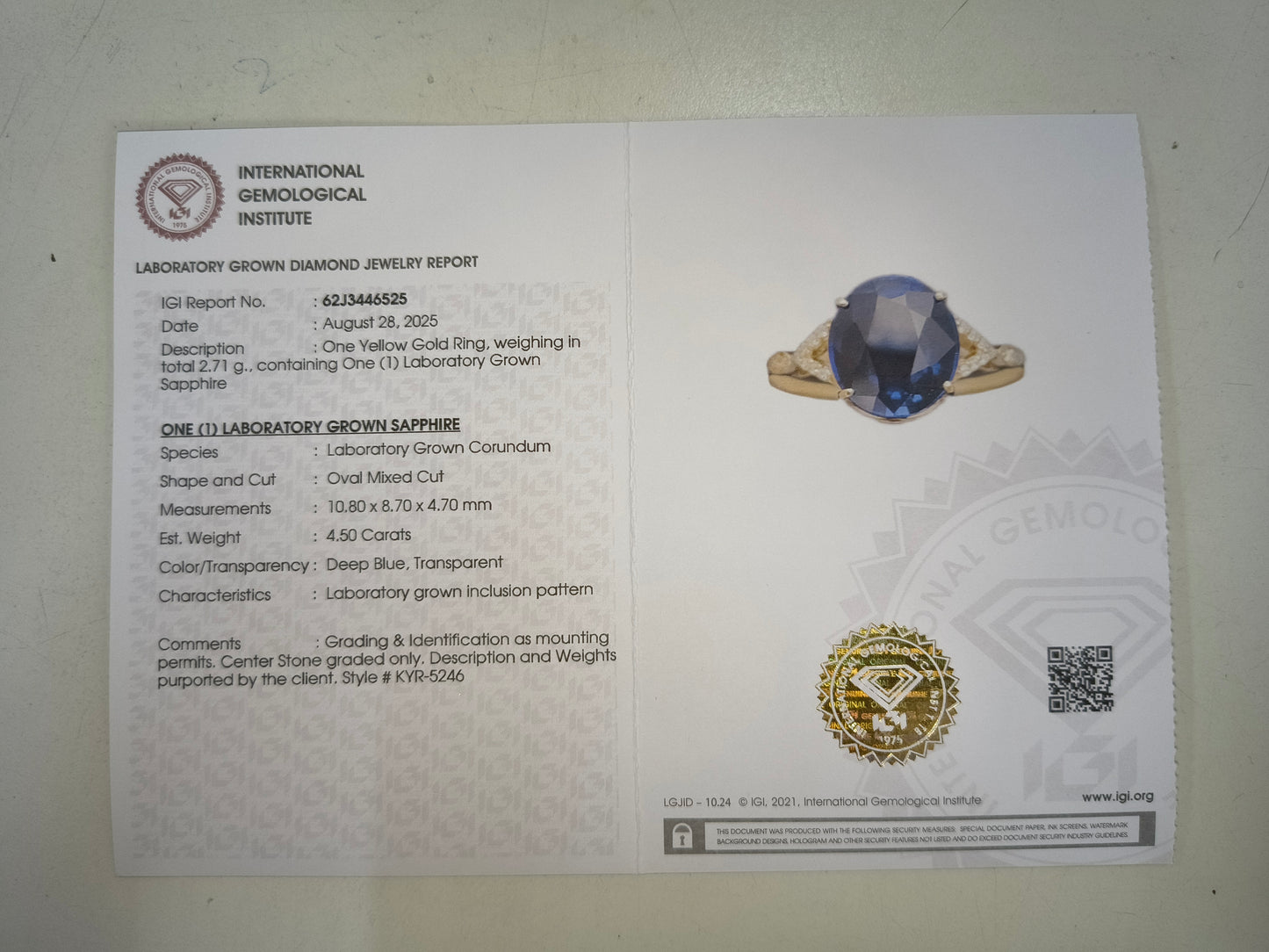 4.55 Ct Oval Mixed Cut Lab Grown Sapphire 14K Gold Ring