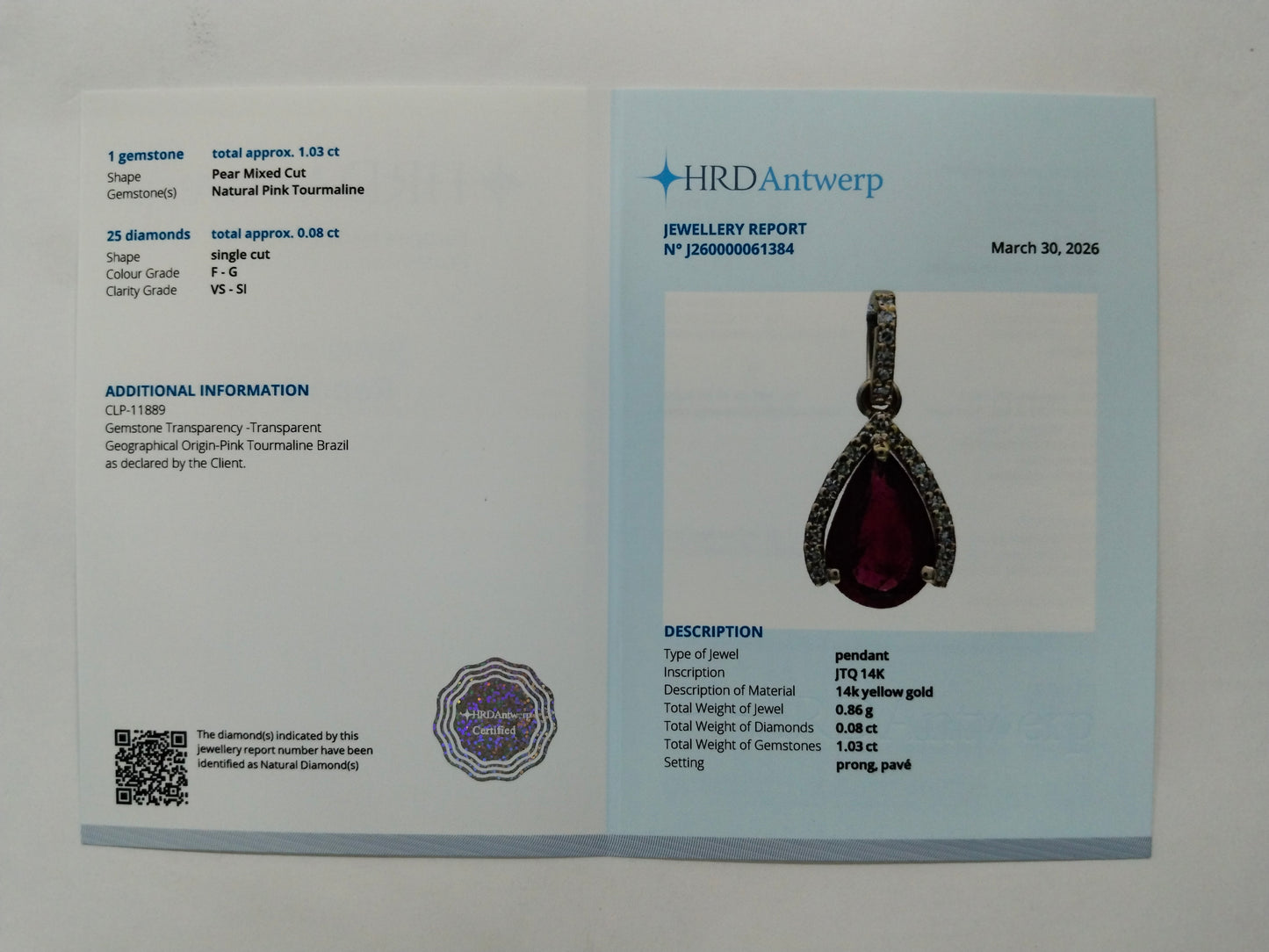 1.11 Ct Pear Mixed Cut Natural Pink Tourmaline 14K Gold Pendant
