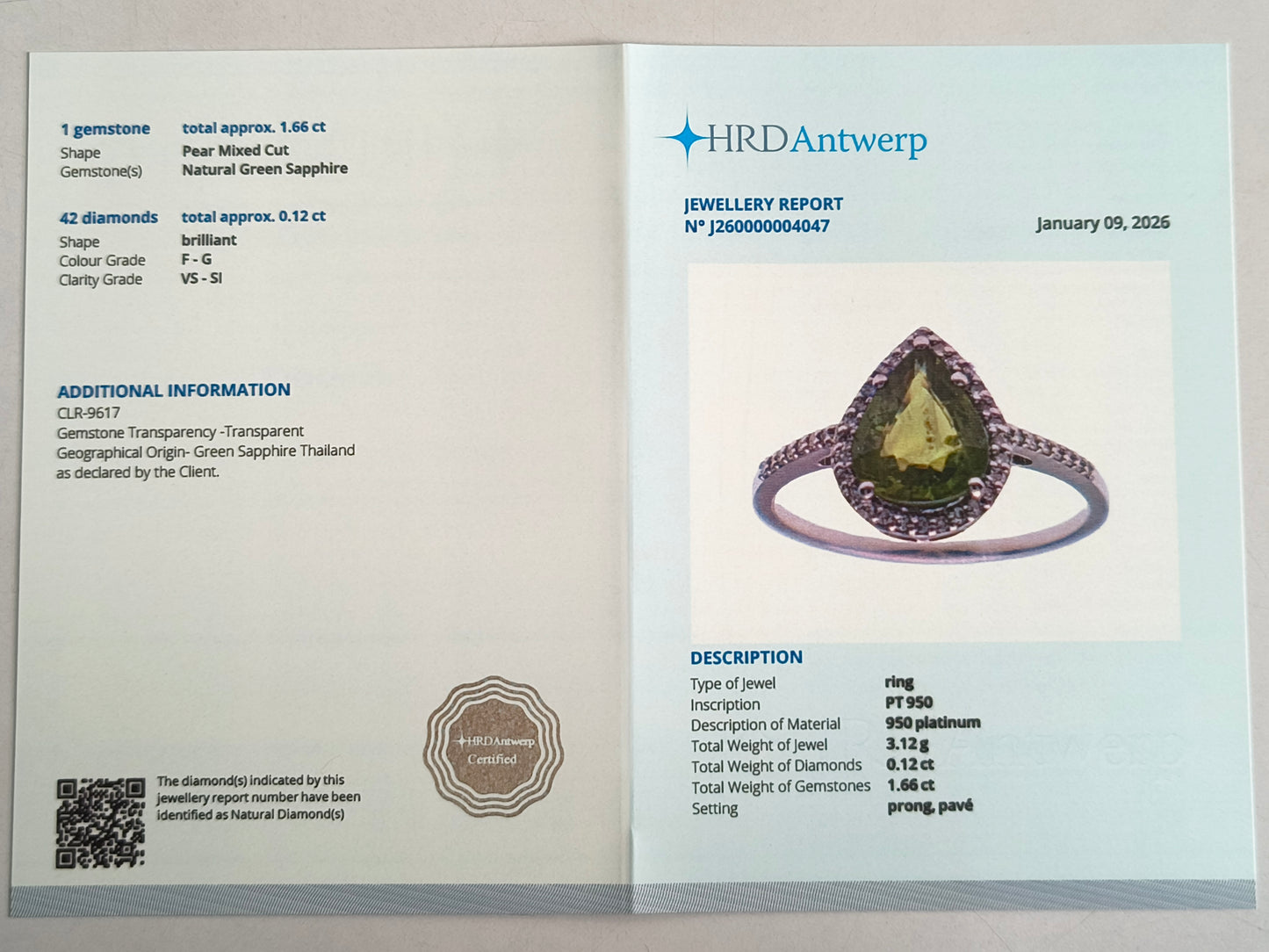 1.78 Ct Pear Mixed Cut Natural Green Sapphire 950 Platinum Ring