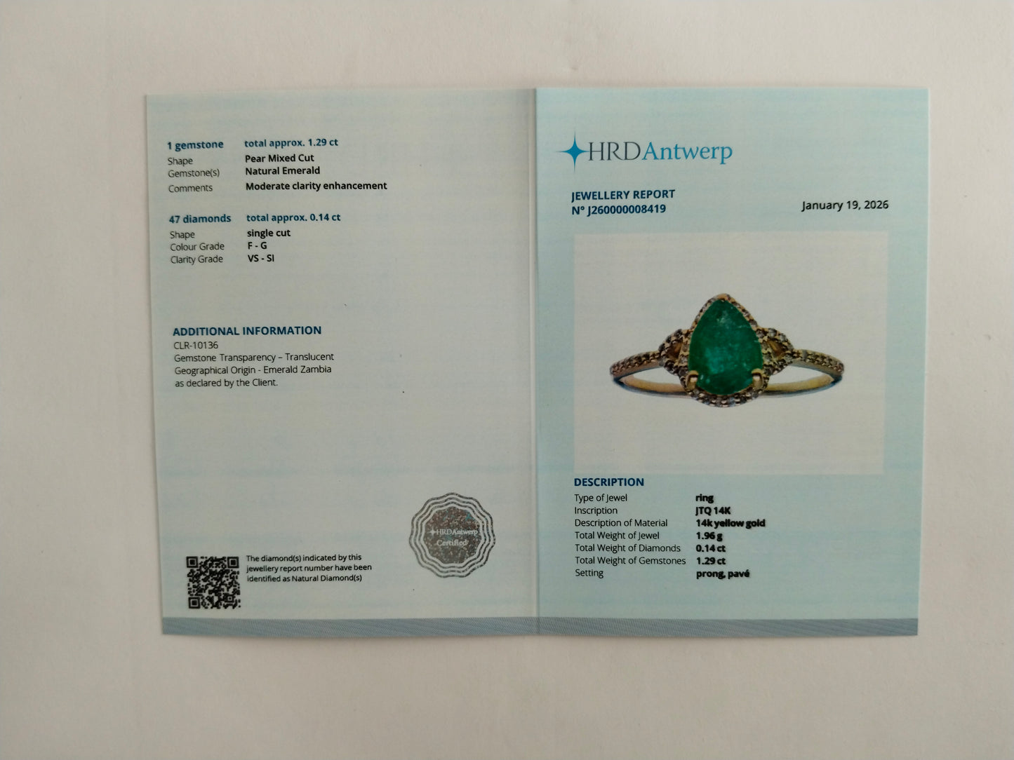 1.43 Ct Pear Mixed Cut Natural Emerald 14K Gold Ring