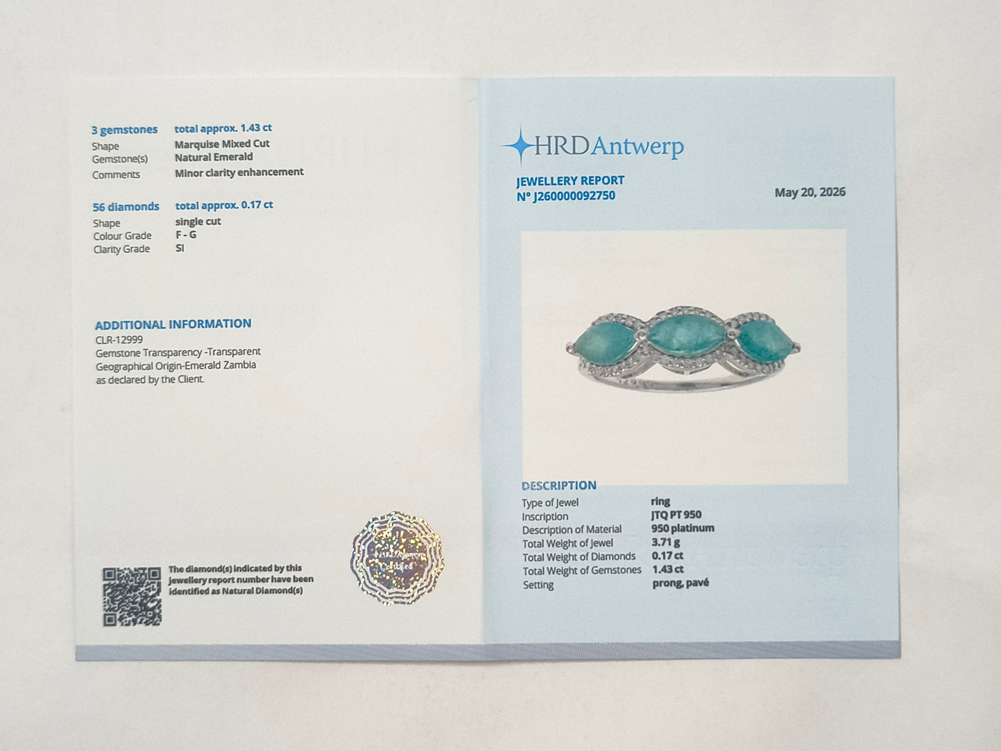 1.60 Ct Marquise Emerald 950 Platinum Ring