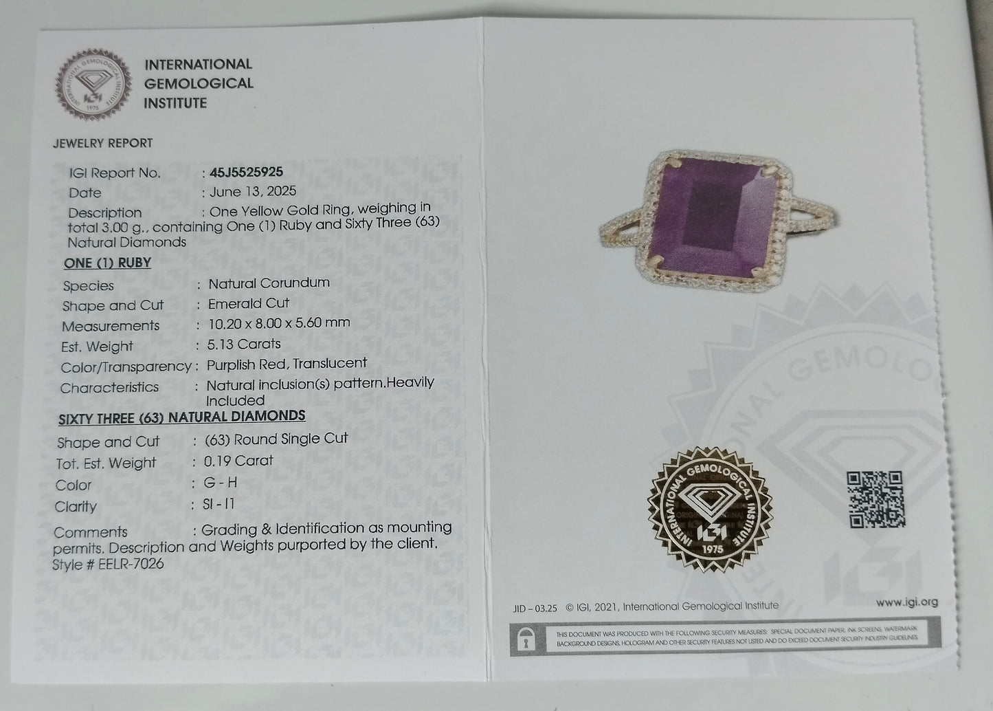 5.32 Ct Emerald Cut Natural Corundum Ruby 14K Gold Ring