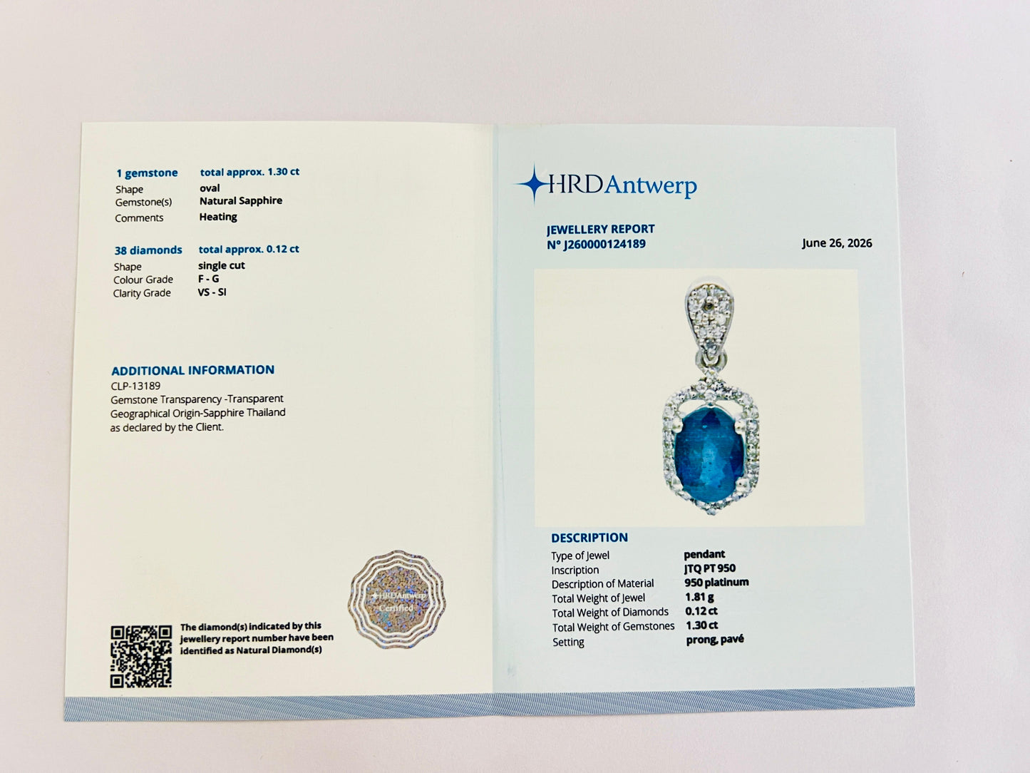 1.42 Ct Oval Natural Sapphire 950 Platinum Pendant