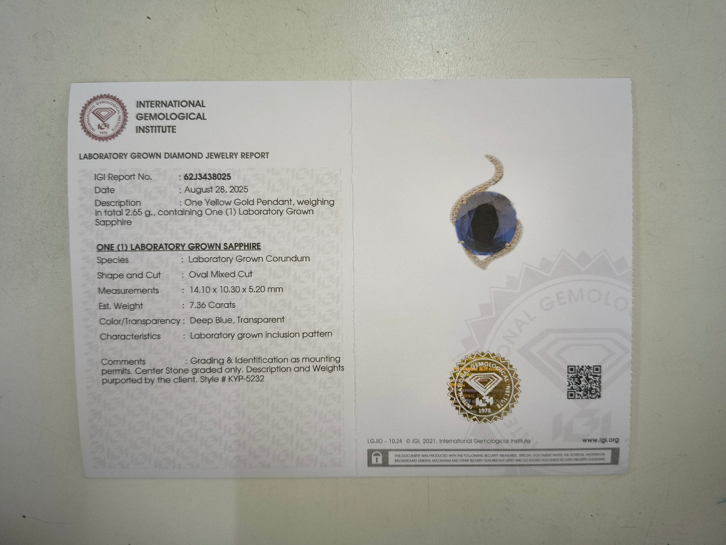 7.46 Ct Oval Mixed Cut Lab Grown Sapphire 14K Gold Pendant